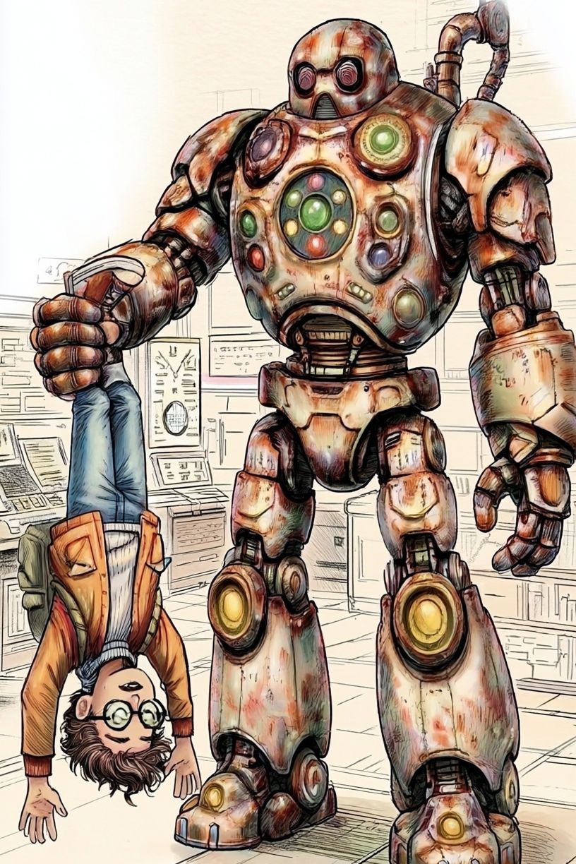 Robot and Boy — Cartoon Illustration Print. poster detail
