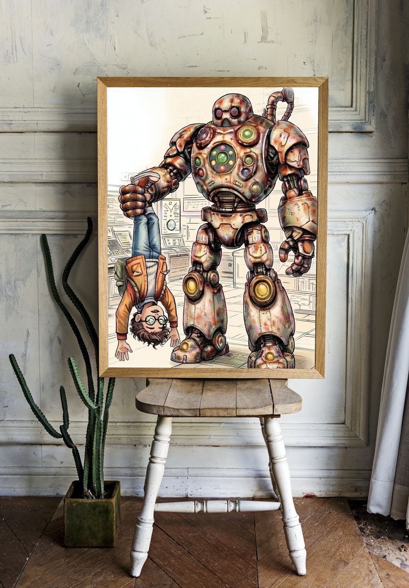 Robot and Boy — Cartoon Illustration Print room preview