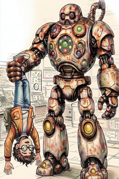 Robot and Boy — Cartoon Illustration Print. poster