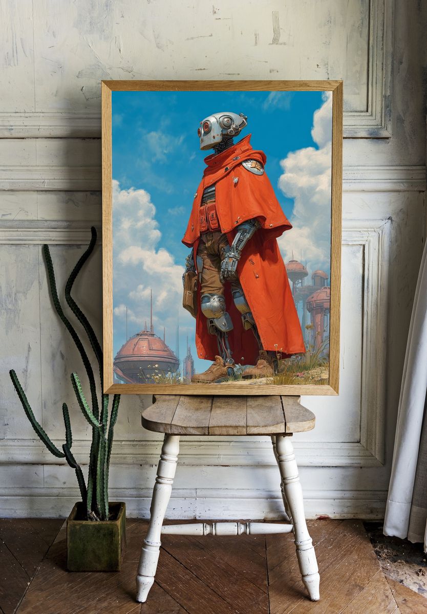 Futuristic Robot in Orange Cloak Poster room preview