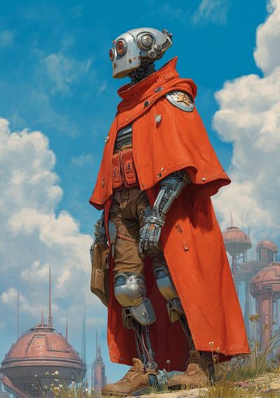 Futuristic Robot in Orange Cloak Poster. poster