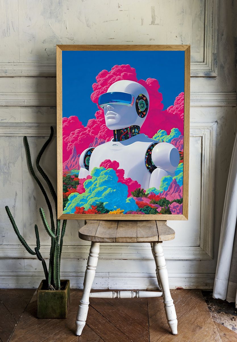 Futuristic Robot in Colorful Landscape Poster room preview