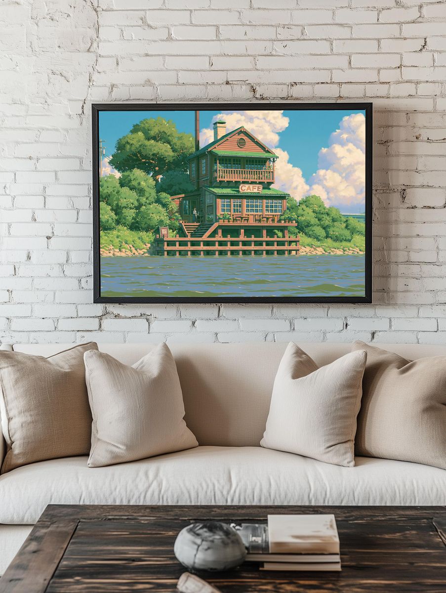 Riverside Cafe Illustration Poster. — room view 1