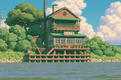 Riverside Cafe Illustration Poster. poster