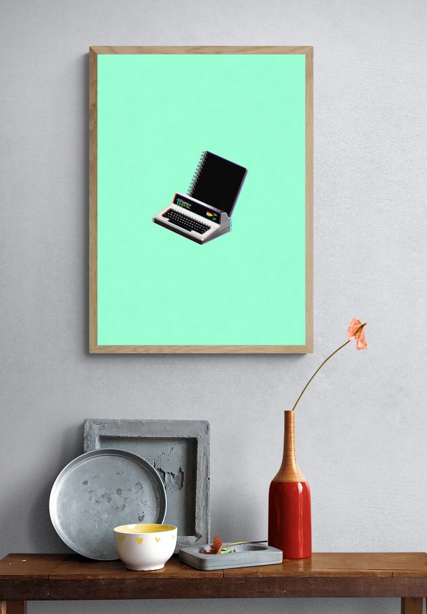 Retro Computer and Notebook — Digital Art Print. — room view 3