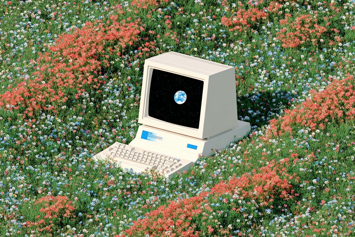 Retro Computer in Flower Field — Digital Art Print. poster — illustration art