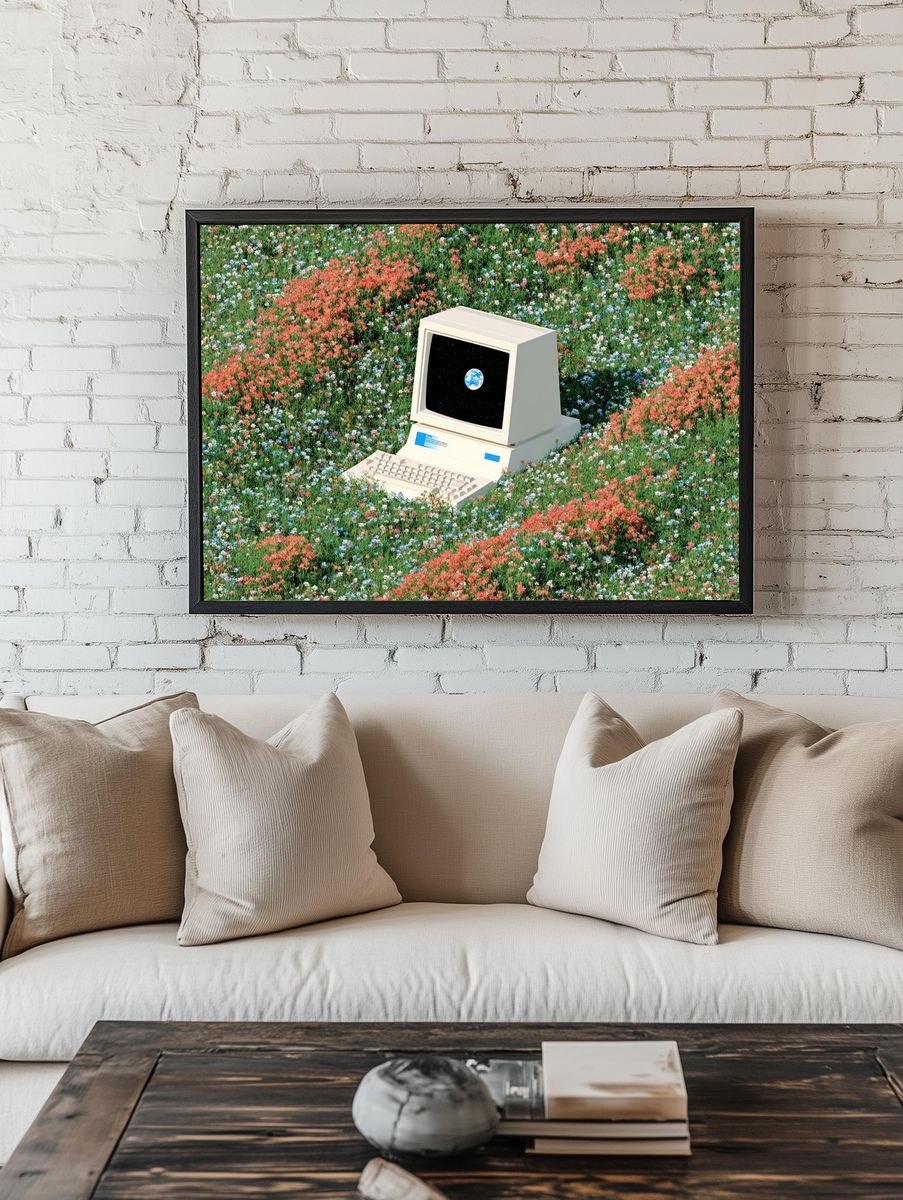 Retro Computer in Flower Field — Digital Art Print room preview