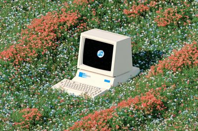 Retro Computer in Flower Field — Digital Art Print. poster