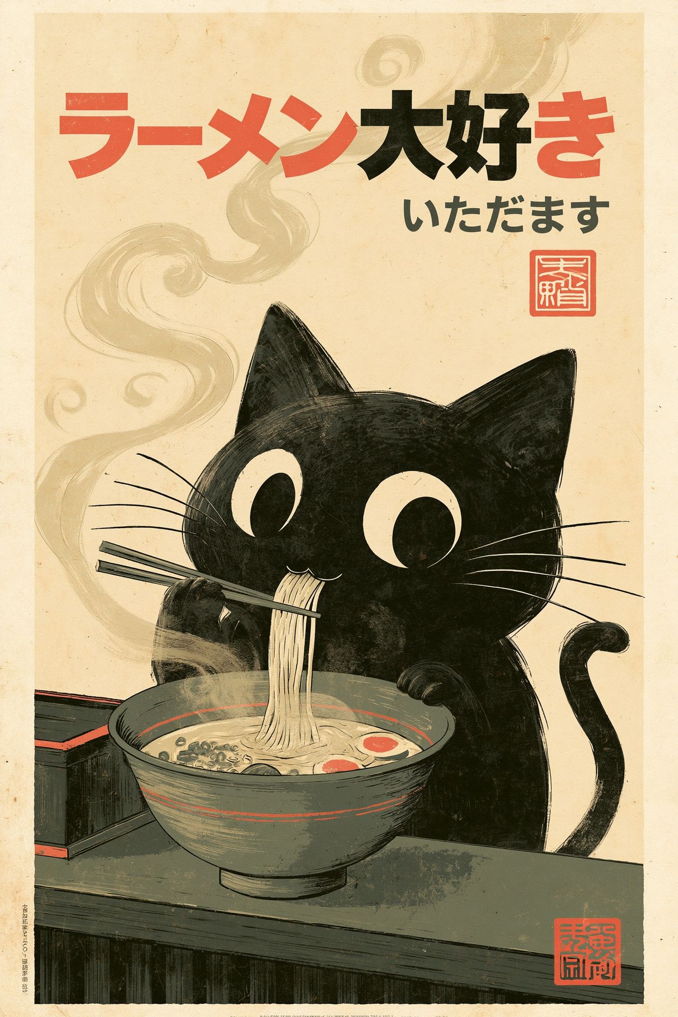 Ramen Cat Japanese Illustration Poster. poster — illustration art