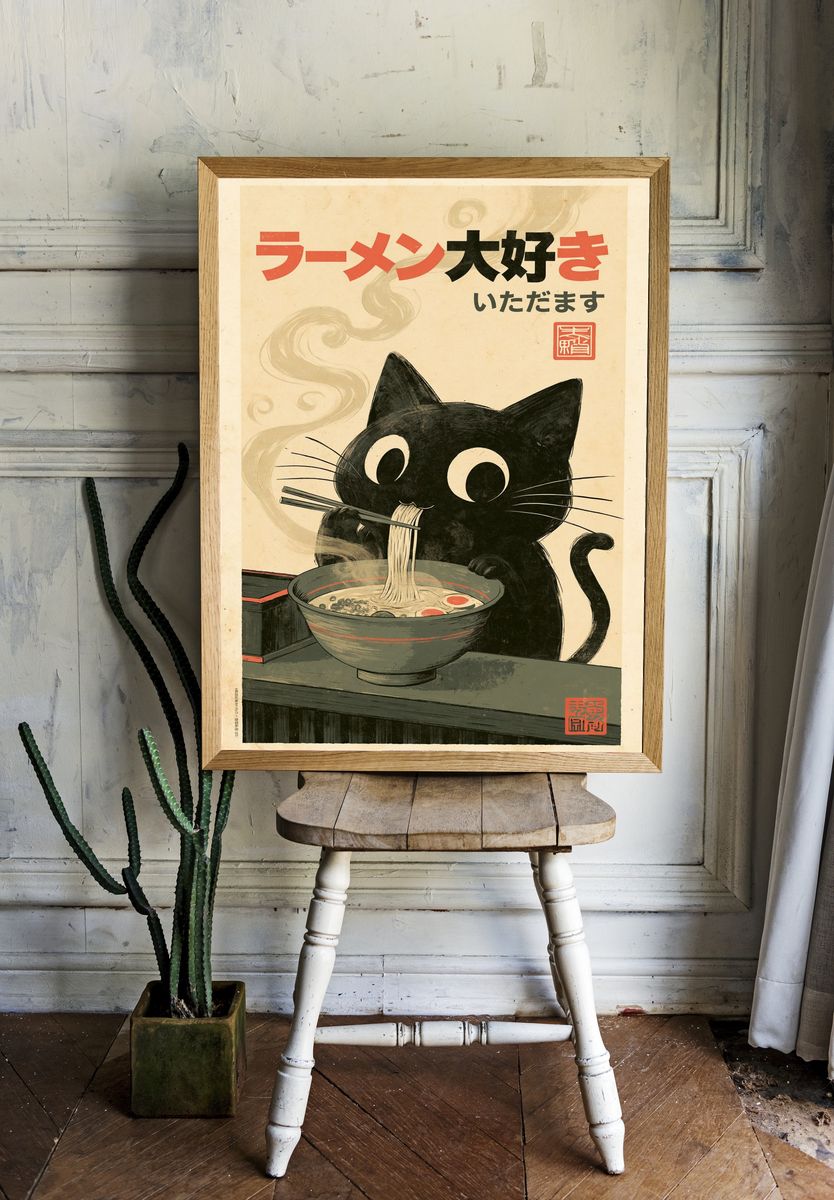 Ramen Cat Japanese Illustration Poster. — room view 1