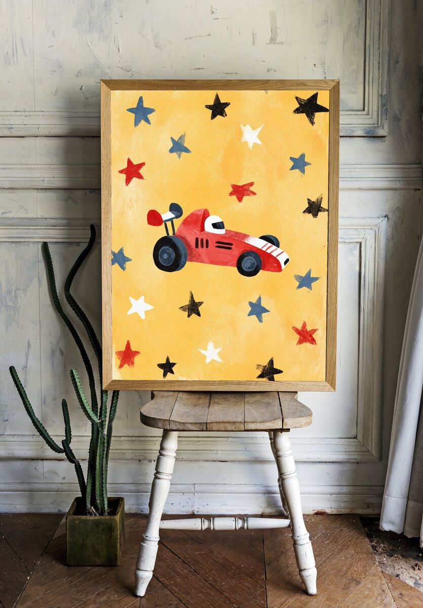 Red Race Car — Kids Illustration Print. room preview