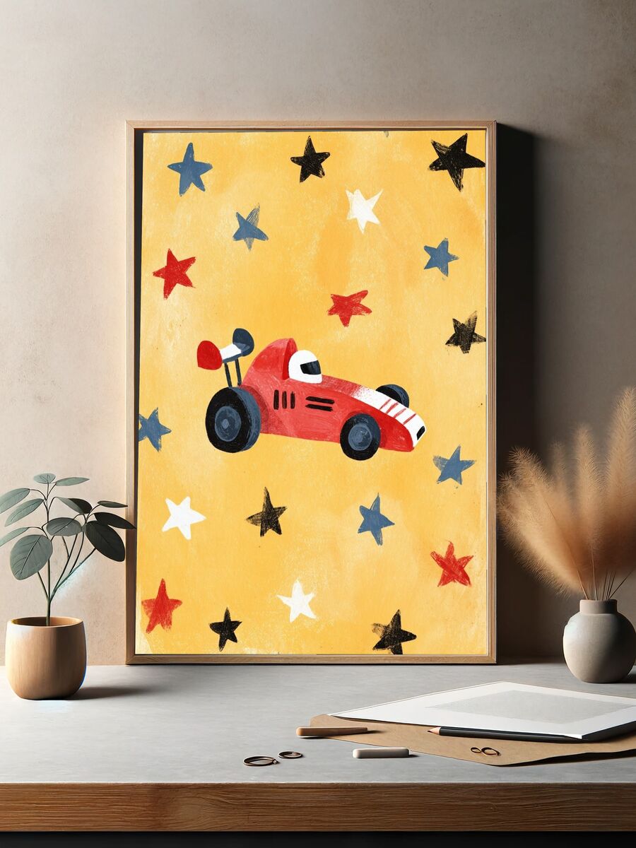 Red Race Car — Kids Illustration Print. — room view 2