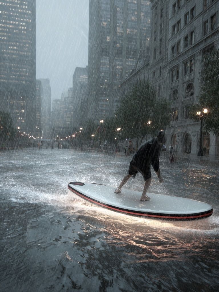 Rainy City Surfing Photography Poster. poster detail