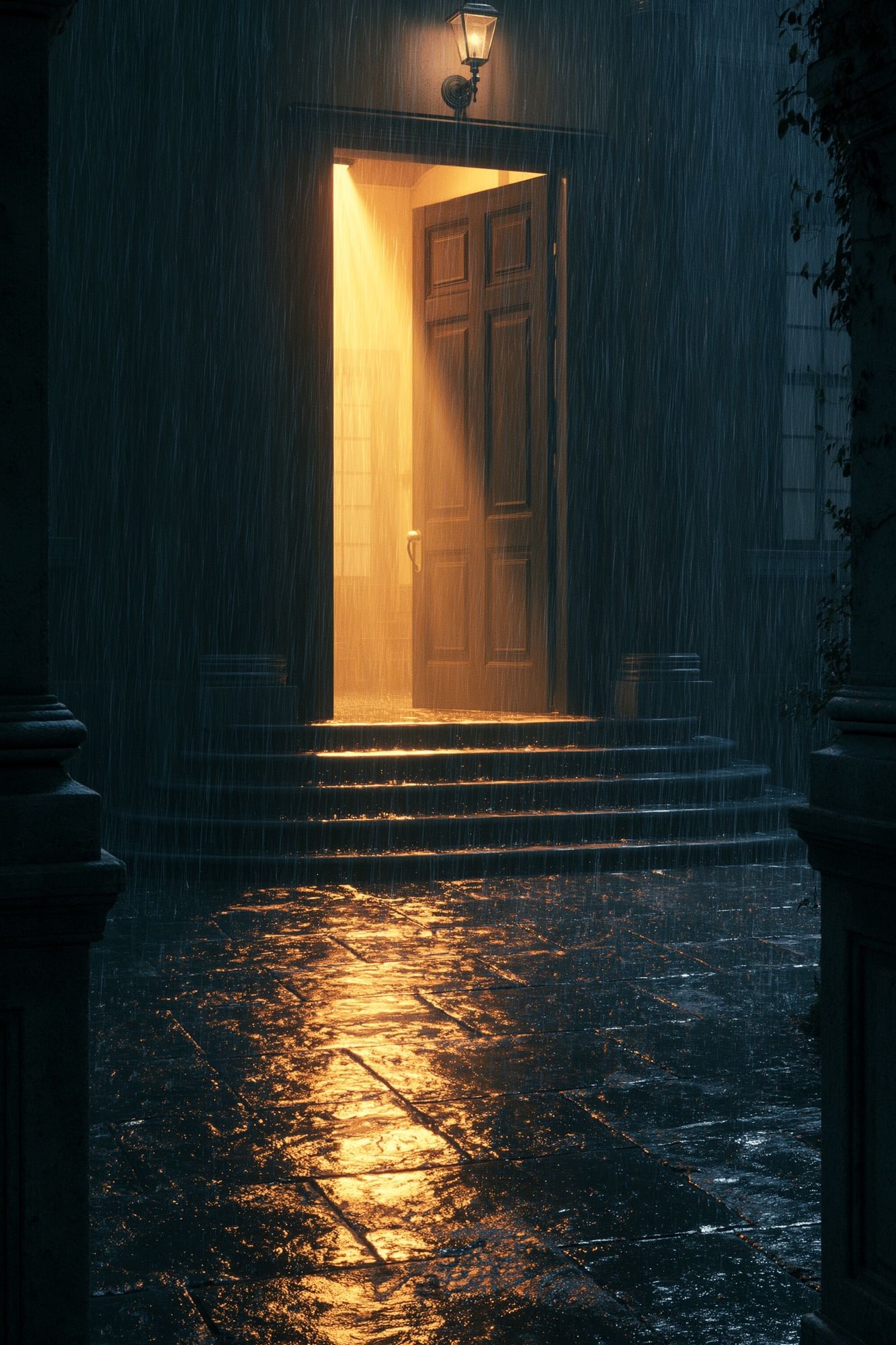 Rainy Doorway Night Photography Poster. poster detail