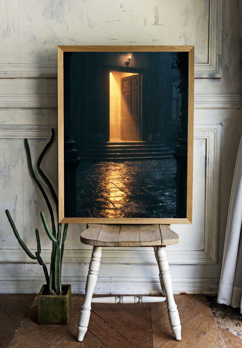 Rainy Doorway Night Photography Poster. — room view 1
