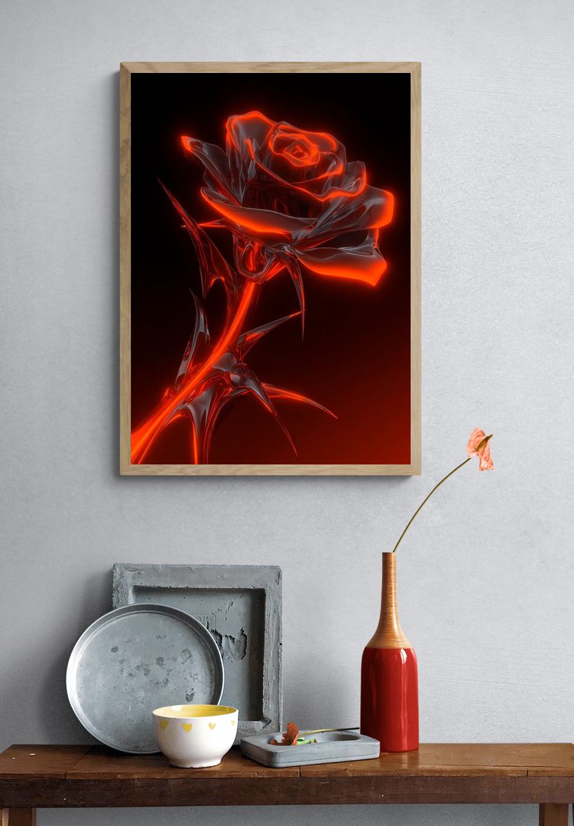 Glowing Red Rose — Digital Art Print. — room view 3