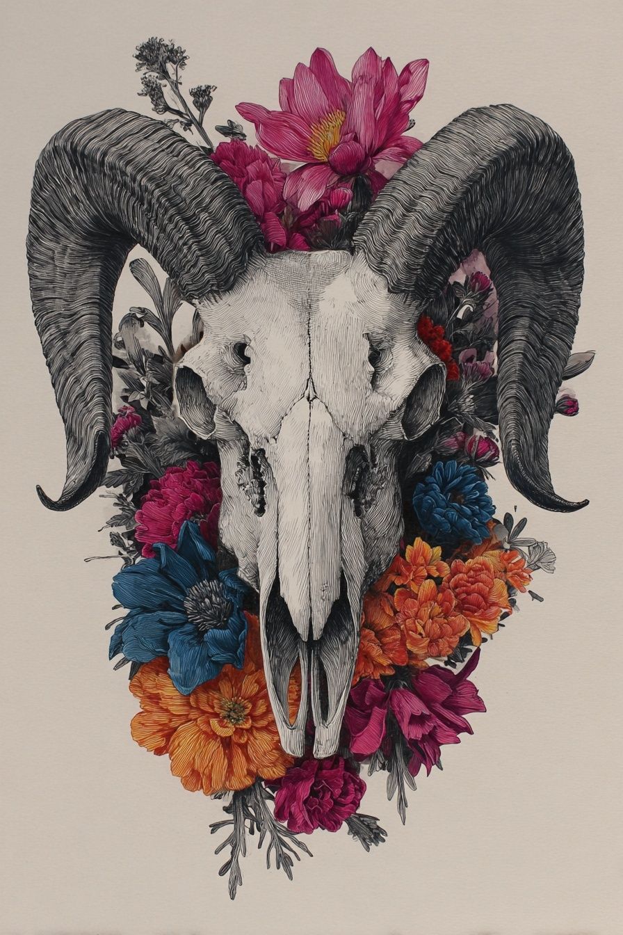 Ram Skull Floral Illustration Poster. poster detail