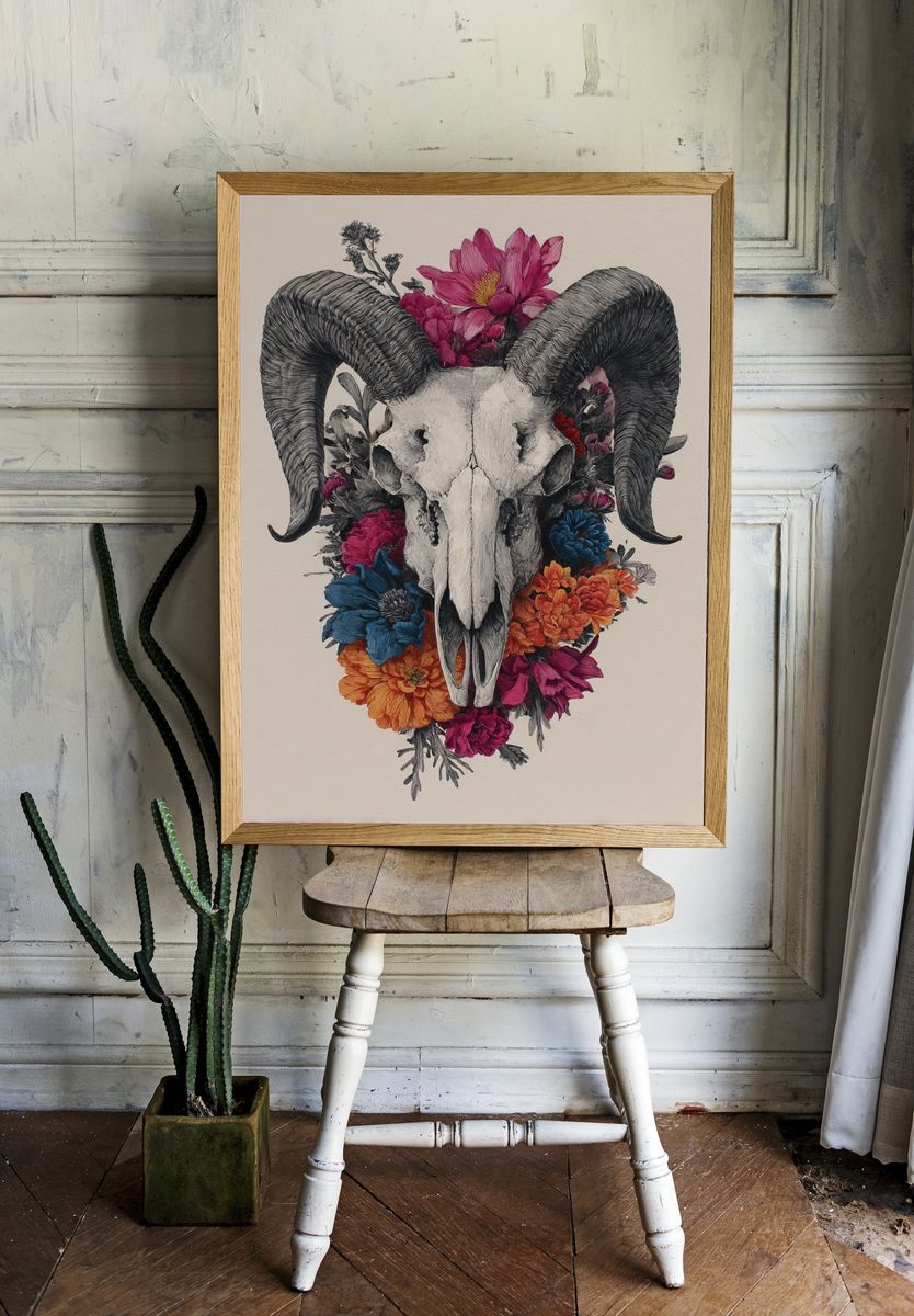 Ram Skull Floral Illustration Poster. room preview