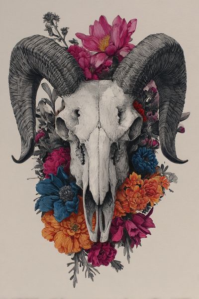 Ram Skull Floral Illustration Poster. poster print