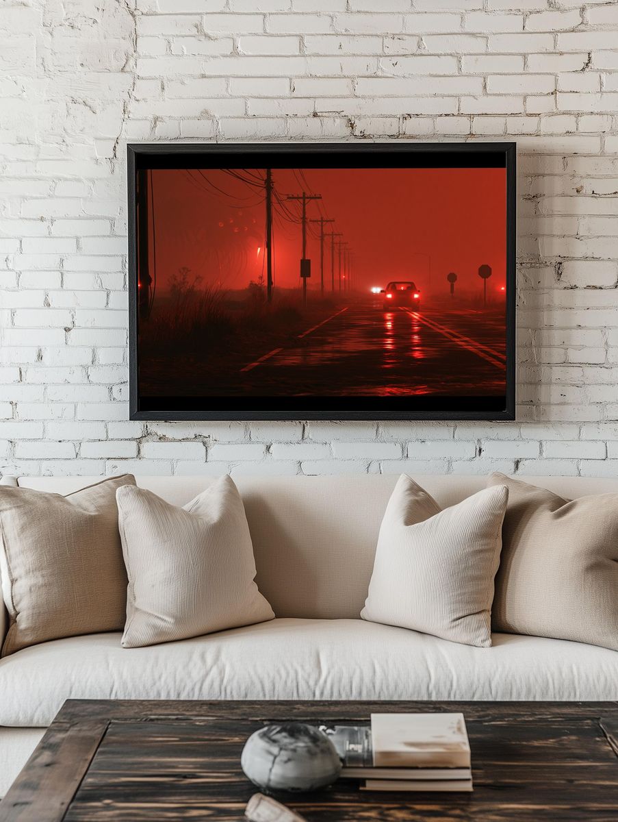 Red Fog Roadscape Photography Poster. room preview