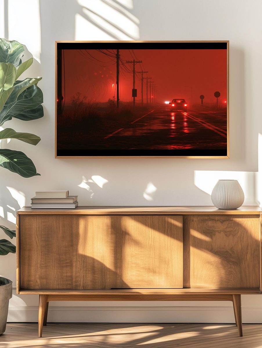 Red Fog Roadscape Photography Poster. — room view 3