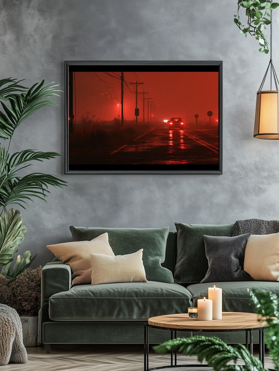 Red Fog Roadscape Photography Poster. — room view 4
