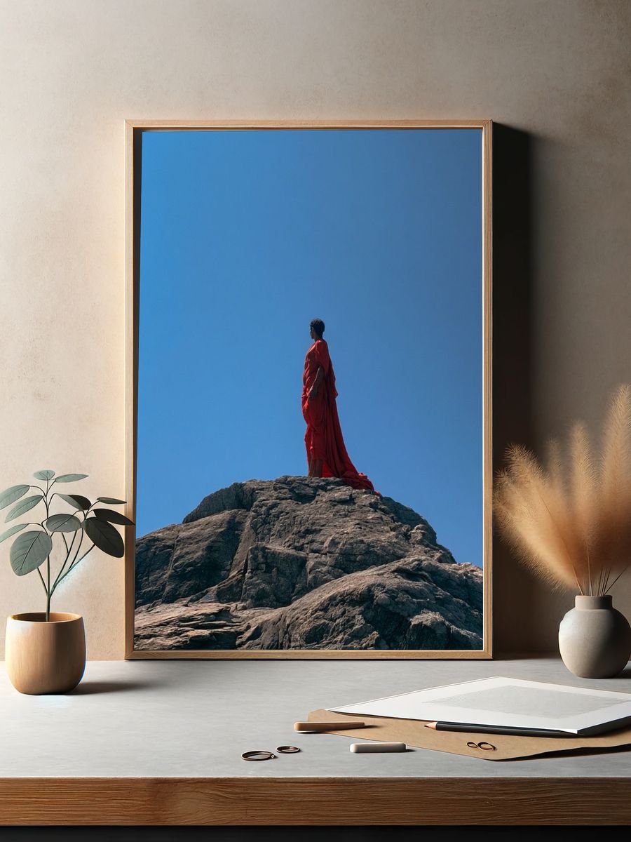 Red Figure on Rock Photography Poster. — room view 2