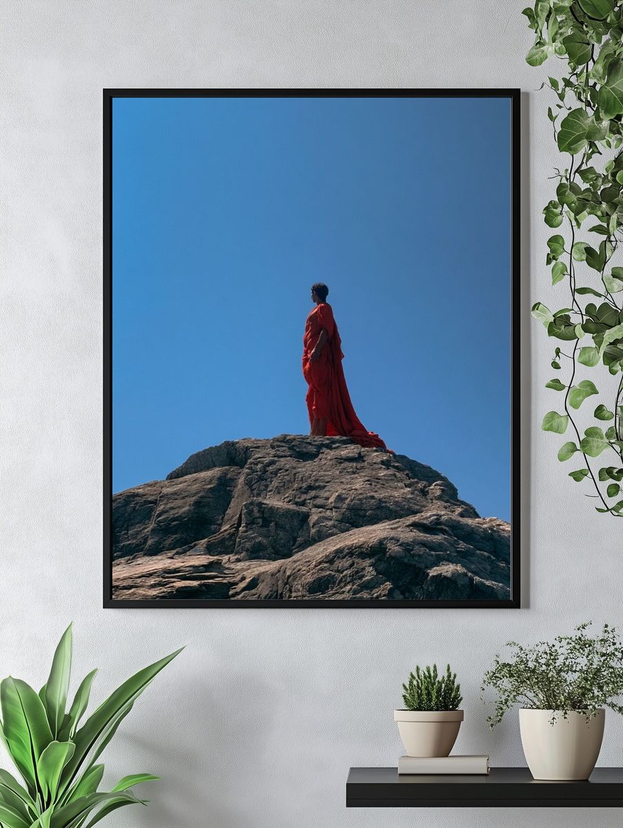 Red Figure on Rock Photography Poster. — room view 4