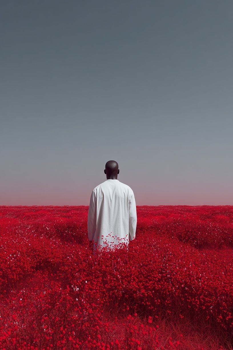 Man in Red Flower Field — Photography Print. poster — photography art
