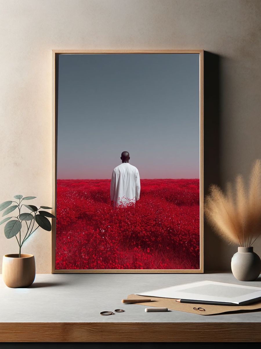 Man in Red Flower Field — Photography Print. — room view 2