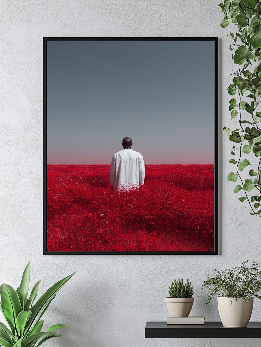 Man in Red Flower Field — Photography Print. — room view 4