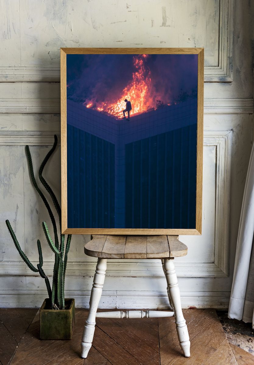 Rooftop Fire Silhouette Photography Poster. — room view 1