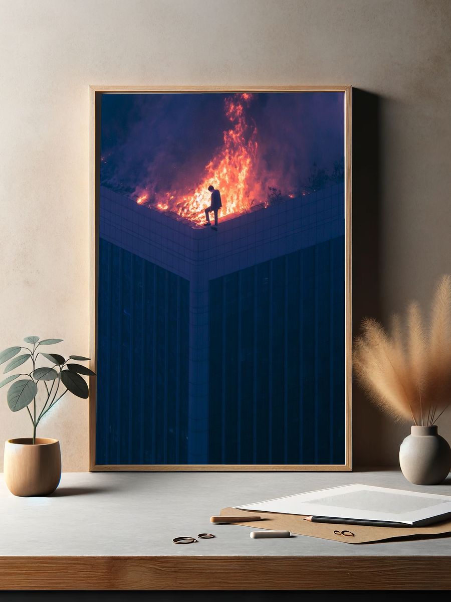 Rooftop Fire Silhouette Photography Poster. — room view 2