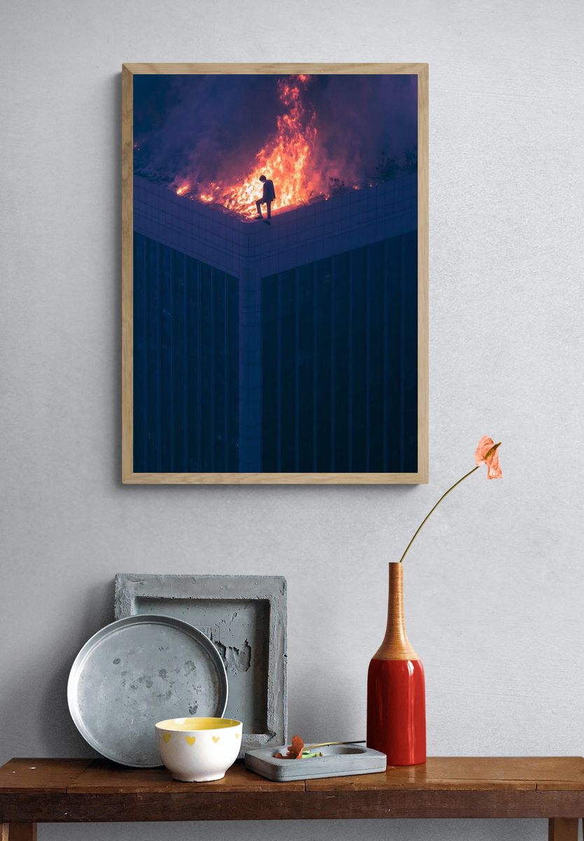 Rooftop Fire Silhouette Photography Poster. — room view 3