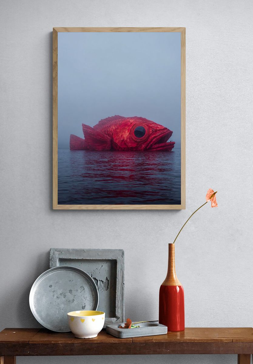Giant Red Fish Sculpture — Fine Art Print. — room view 3