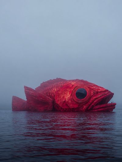 Giant Red Fish Sculpture — Fine Art Print. poster