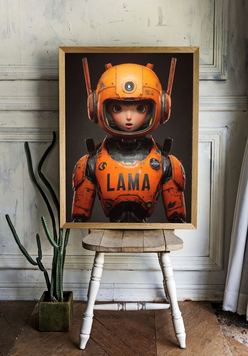 Robot Girl in Orange Armor — Digital Art Print room preview