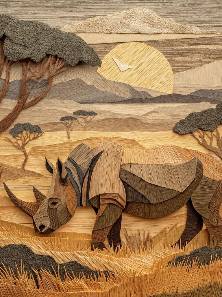 Rhino Savannah Paper Relief Poster. poster — animals art