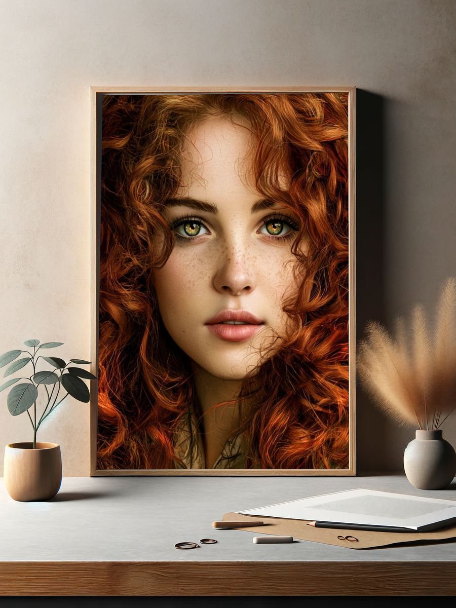 Red Curly Hair Portrait Print. — room view 2