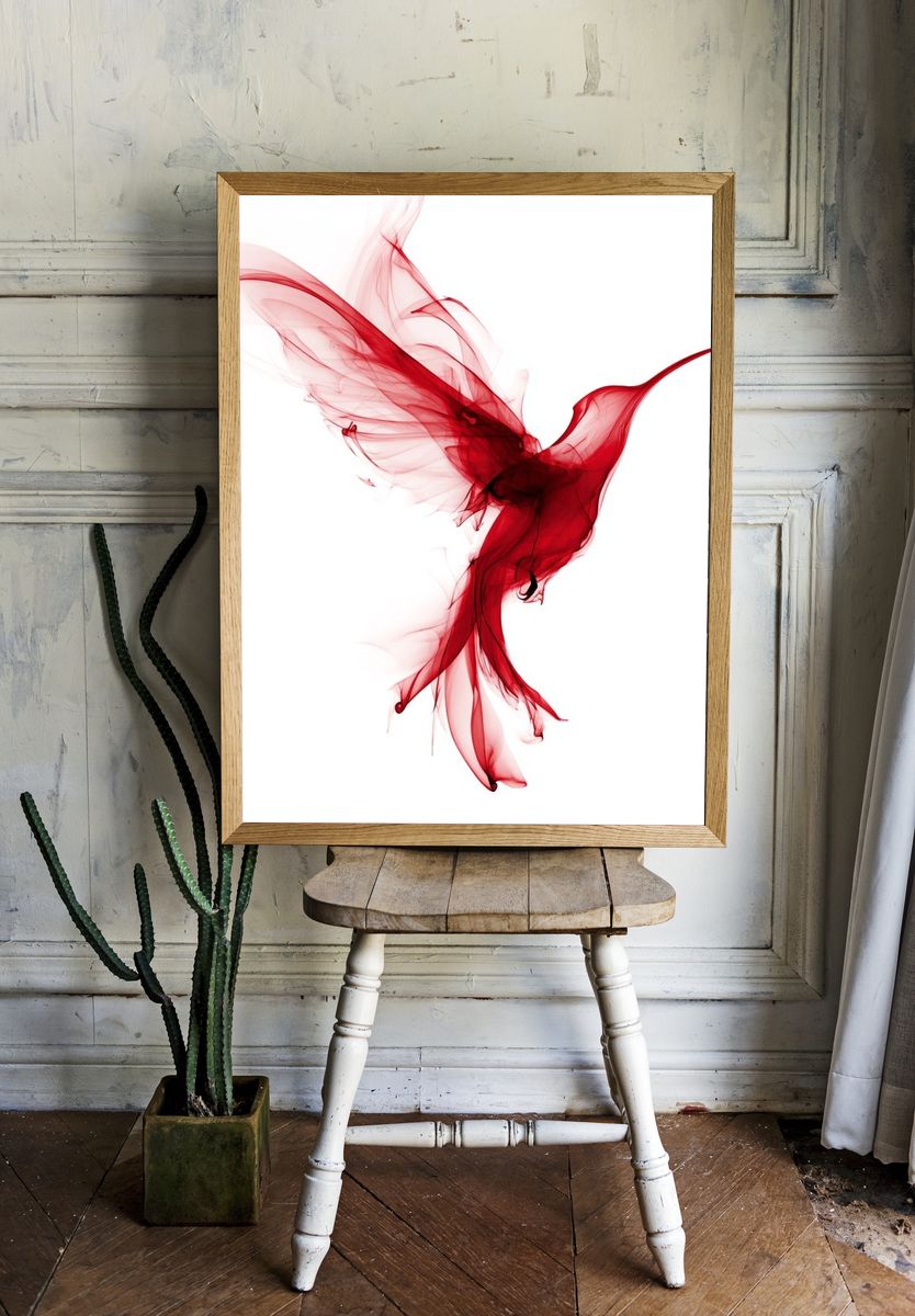 Red Hummingbird — Abstract Print. room preview