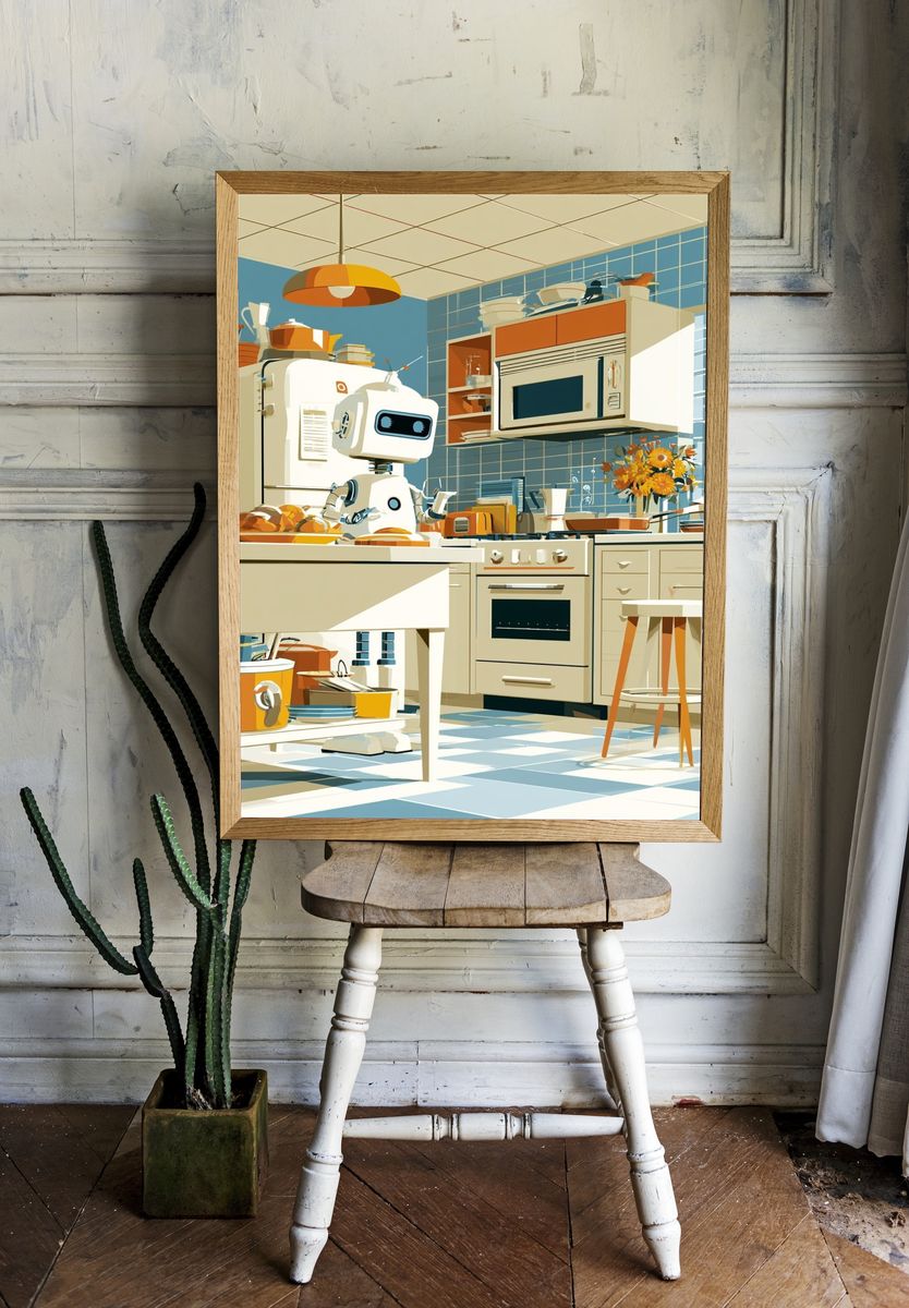 Retro Robot Kitchen Illustration Poster. room preview