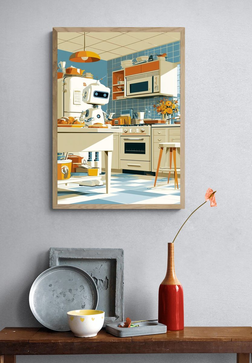 Retro Robot Kitchen Illustration Poster. — room view 3