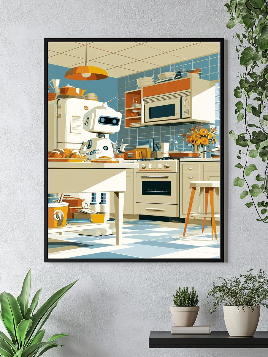 Retro Robot Kitchen Illustration Poster. — room view 4