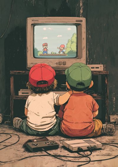 Retro Gaming Kids — Illustration Print. poster print