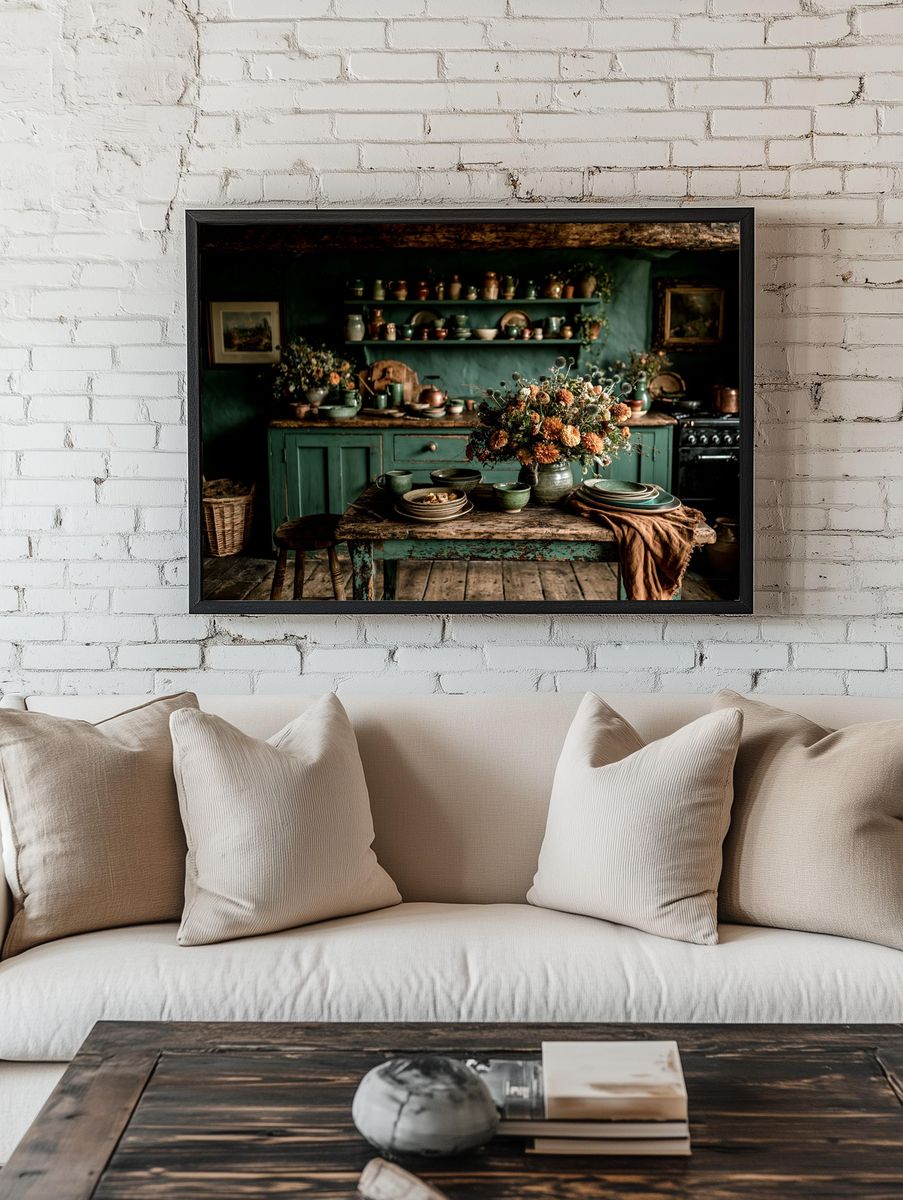 Rustic Green Kitchen Still Life Poster. — room view 1