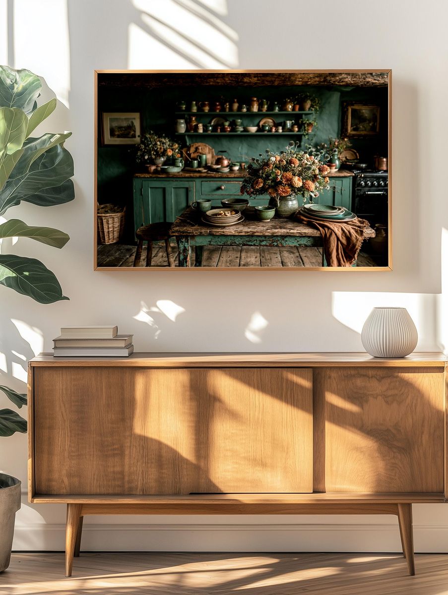 Rustic Green Kitchen Still Life Poster. — room view 3