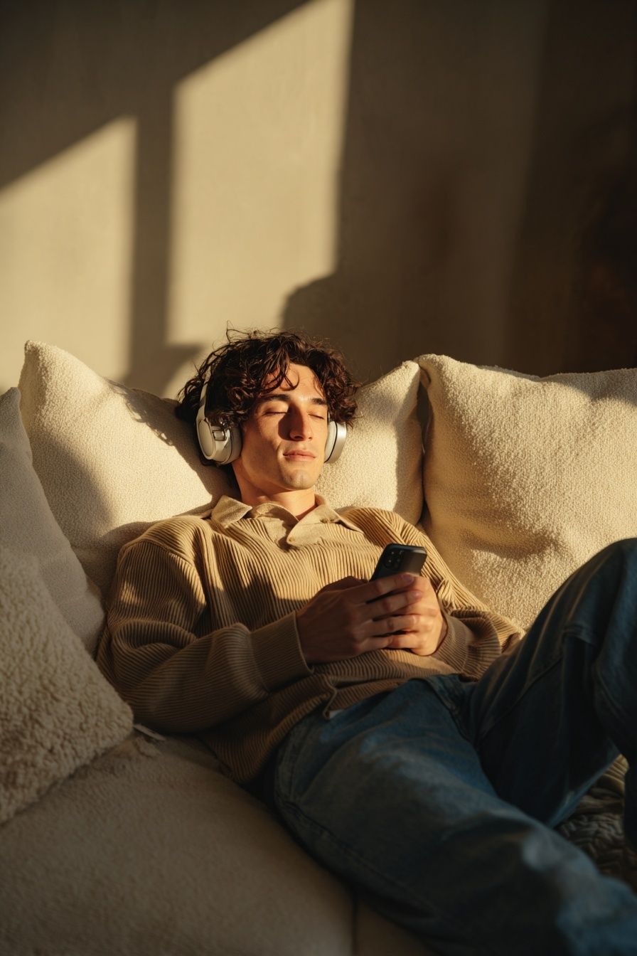 Relaxed Man Listening to Music — Photography Print. poster detail