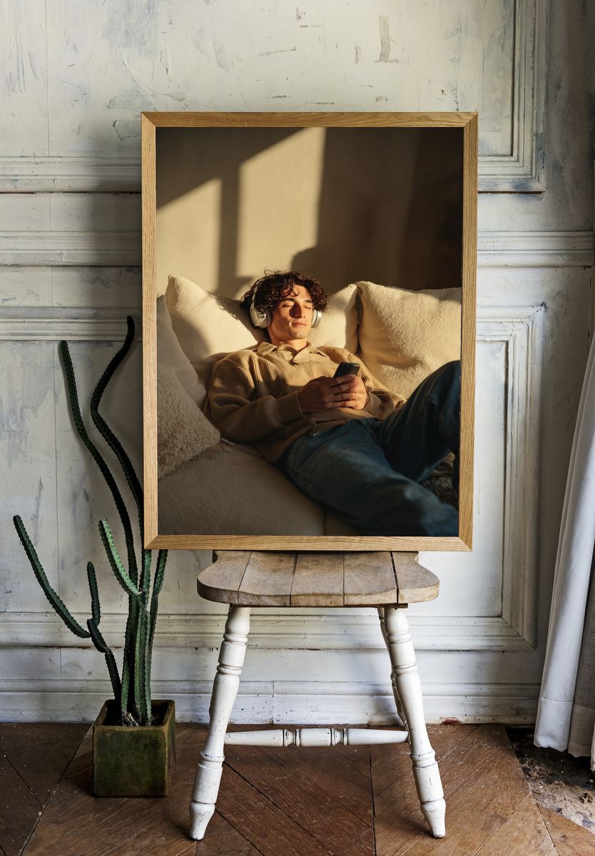 Relaxed Man Listening to Music — Photography Print. — room view 1