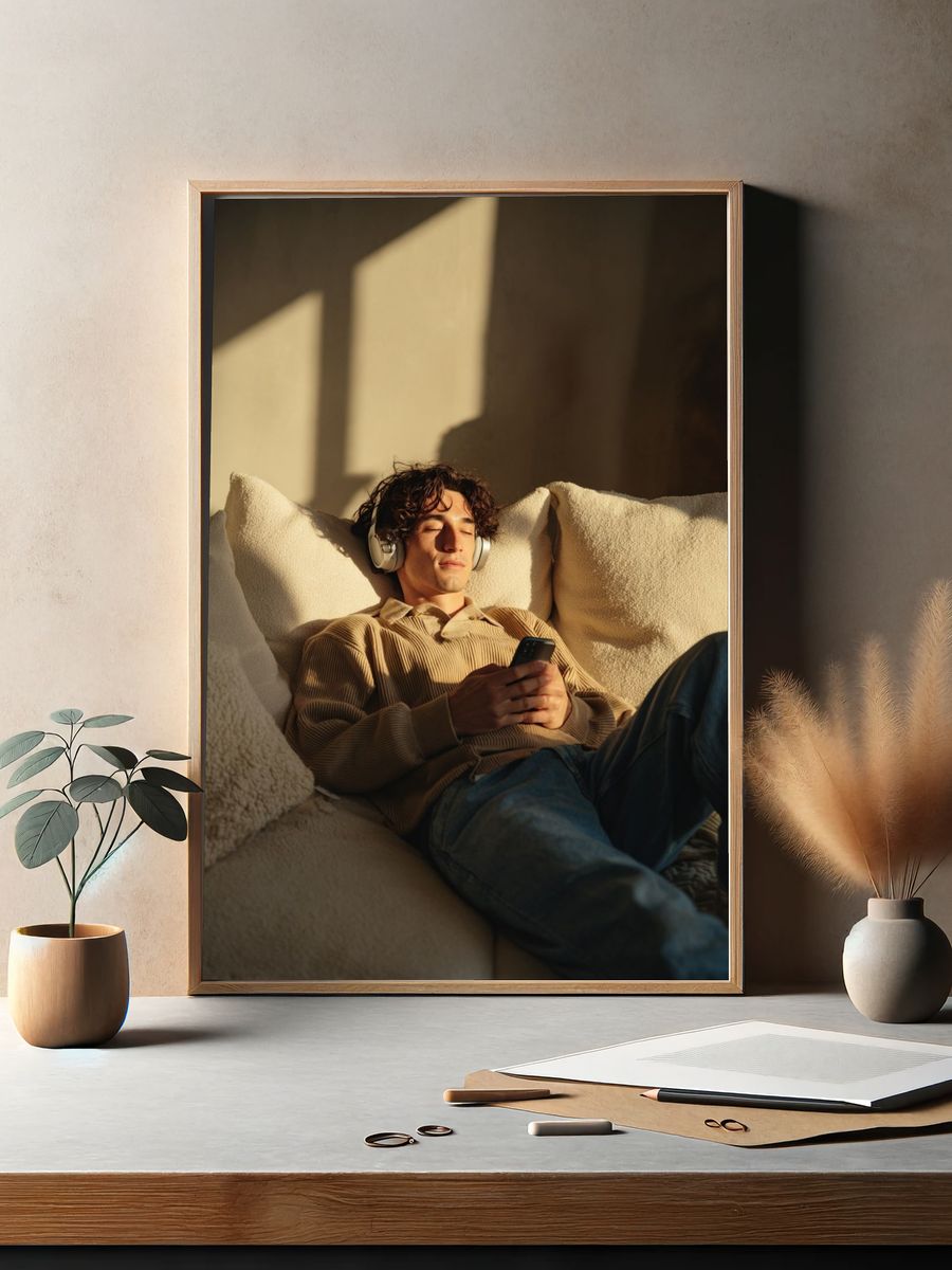 Relaxed Man Listening to Music — Photography Print. — room view 2
