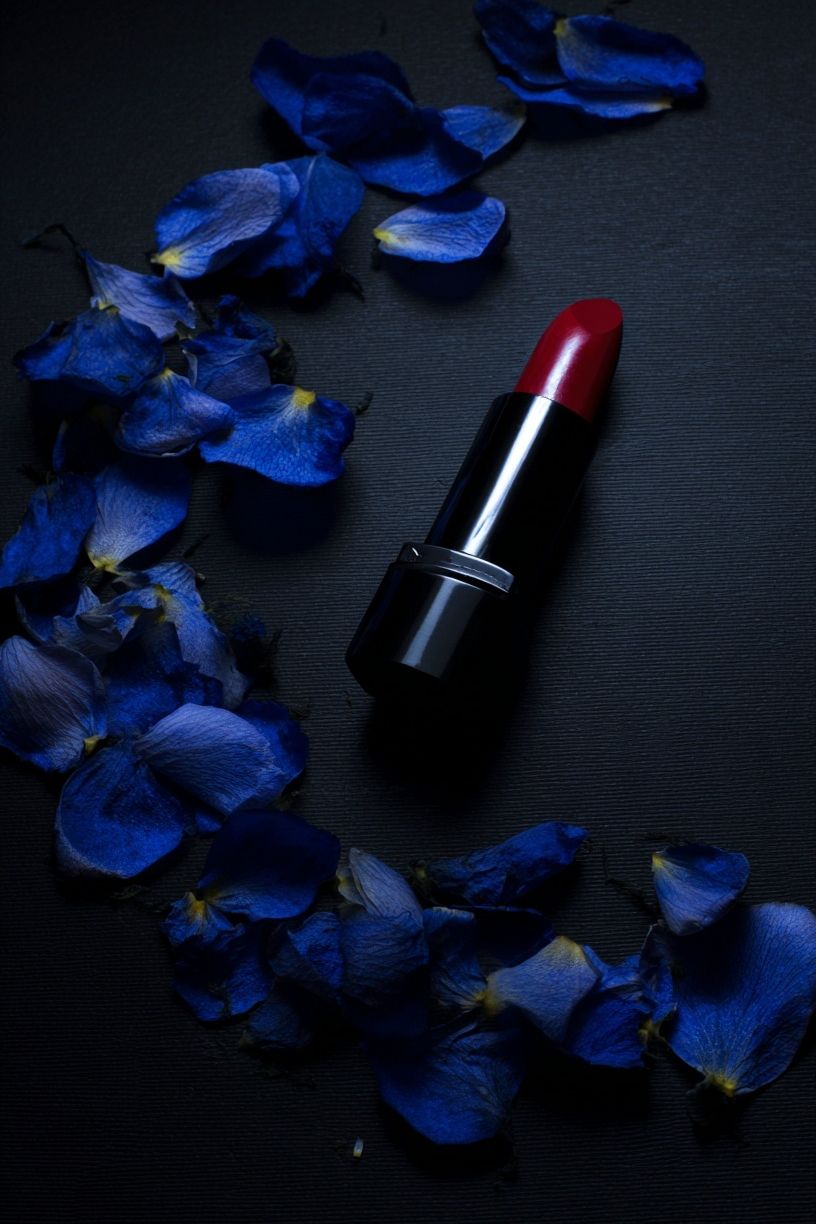 Red Lipstick with Blue Petals — Photography Print. poster detail